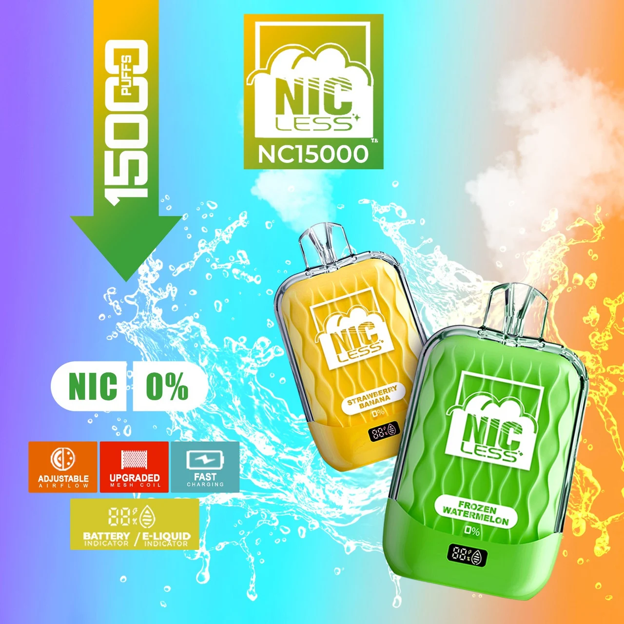 Nic Less NC15000 Puffs 0% Nic Disposable - 5-Pack